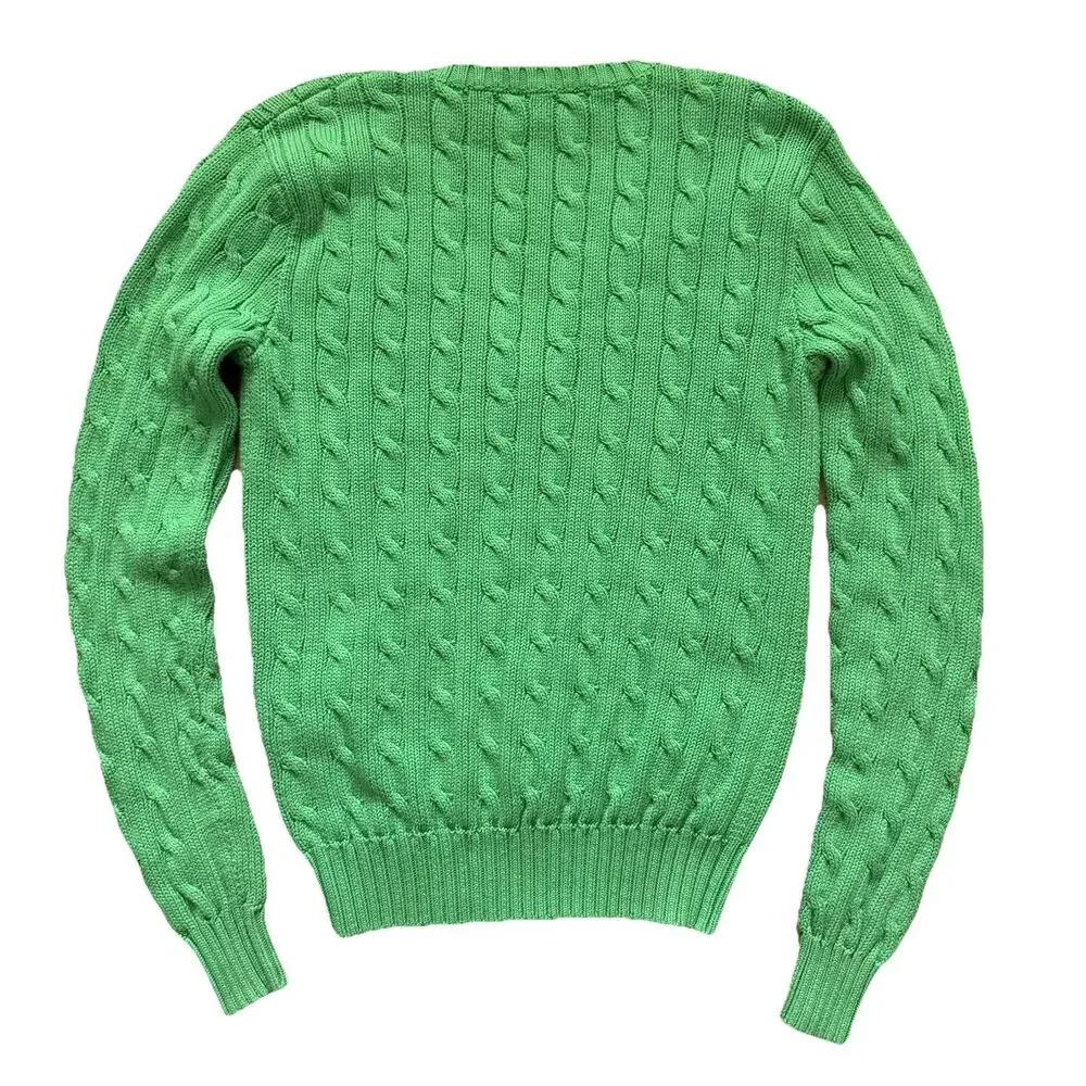 Ralph Lauren Sport Cable Knit Sweater Size M Green V Neck Pink Pony Logo